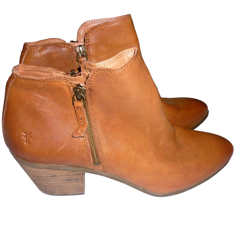 Frye Judith Dual Zip Leather Ankle Bootie Cognac‎ Brown Women 10M